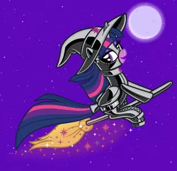 Size: 6000x5804 | Tagged: suggestive, artist:severity-gray, derpibooru import, twilight sparkle, twilight sparkle (alicorn), alicorn, pony, bedroom eyes, bound wings, broom, choker, clothes, collar, costume, eyeshadow, female, flying, flying broomstick, gimp suit, halloween, halloween 2021, halloween costume, hat, holiday, image, latex, latex boots, latex suit, lipstick, magic, makeup, mare, moon, png, sky, smiling, solo, sparkles, stars, tail, tail wrap, wings, witch, witch costume, witch hat