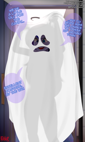 Size: 750x1250 | Tagged: suggestive, artist:pshyzomancer, derpibooru import, princess luna, ghost, undead, equestria girls, clothes, costume, dialogue, ghost costume, halloween, halloween 2021, halloween costume, holiday, image, png, sheet, silhouette, text, vice principal luna