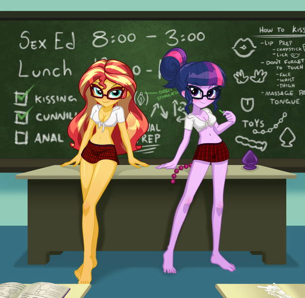 Size: 6144x6013 | Tagged: questionable, artist:rileyav, derpibooru import, sci-twi, sunset shimmer, twilight sparkle, equestria girls, anal beads, barefoot, belly button, blushing, breasts, buttplug, classroom, clothes, cum, duo, duo female, eyebrows, eyebrows visible through hair, feet, female, females only, front knot midriff, glasses, image, looking at you, midriff, pleated skirt, png, sex education, sex toy, sexy, show accurate, show accurate porn, skirt, smiling, smiling at you