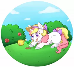 Size: 1780x1612 | Tagged: safe, artist:foxhatart, derpibooru import, oc, oc:taffy, pony, unicorn, bow, bush, female, grass, happy, hat, image, jpeg, lying down, mare, open mouth, partial background, plant, prone, solo, tail, tail bow, watering can