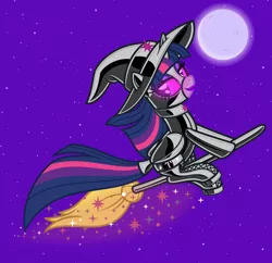 Size: 6000x5804 | Tagged: suggestive, alternate version, artist:severity-gray, derpibooru import, twilight sparkle, twilight sparkle (alicorn), alicorn, pony, bedroom eyes, bound wings, broom, choker, clothes, collar, costume, eyeshadow, female, flying, flying broomstick, gimp suit, glow, glowing eyes, halloween, halloween 2021, halloween costume, hat, holiday, image, latex, latex boots, latex suit, lipstick, magic, makeup, mare, moon, png, possessed, sky, smiling, solo, sparkles, stars, tail, tail wrap, wings, witch, witch costume, witch hat