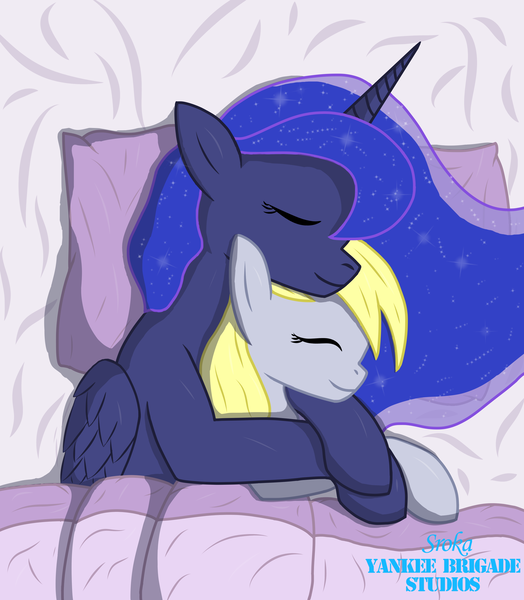 Size: 2356x2696 | Tagged: safe, derpibooru import, derpy hooves, princess luna, alicorn, pegasus, bed, cute, duo, female, happy, image, lesbian, lunaderp, png, shipping, snuggling
