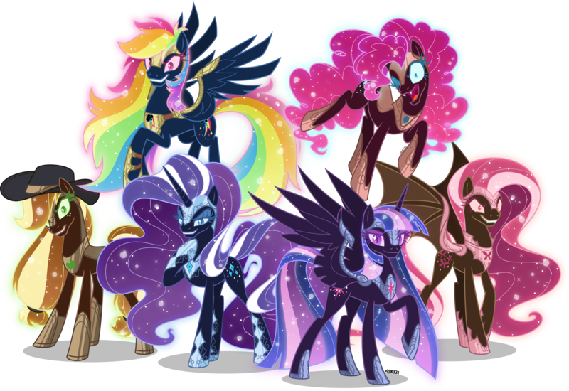 Size: 4000x2751 | Tagged: safe, artist:orin331, derpibooru import, applejack, fluttershy, nightmare rarity, pinkie pie, rainbow dash, rarity, twilight sparkle, alicorn, bat pony, pegasus, pony, unicorn, armor, bat ponified, corrupted, cowboy hat, evil, evil grin, floating, flutterbat, flying, gameloft interpretation, grin, hat, high res, hoof on chest, image, jewelry, mane six, nightmare applejack, nightmare fluttershy, nightmare mane 6, nightmare pinkie, nightmare rainbow dash, nightmare twilight, nightmarified, png, race swap, raised hoof, redesign, regalia, simple background, smiling, stetson, transparent background