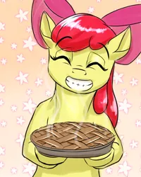 Size: 2000x2500 | Tagged: safe, artist:mykegreywolf, derpibooru import, apple bloom, earth pony, pony, 2015, 30 minute art challenge, eyes closed, female, filly, food, grin, image, jpeg, pie, smiling