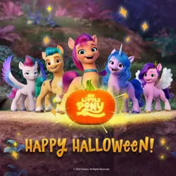 Size: 1080x1080 | Tagged: safe, derpibooru import, official, hitch trailblazer, izzy moonbow, pipp petals, sunny starscout, zipp storm, earth pony, pegasus, pony, unicorn, my little pony: a new generation, g5, halloween, happy halloween, holiday, image, instagram, jpeg, mane five (g5), my little pony logo, pumpkin