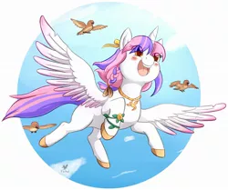 Size: 2160x1809 | Tagged: safe, artist:foxhatart, derpibooru import, oc, oc:lola, alicorn, bird, pony, alicorn oc, female, flying, high res, horn, image, jpeg, mare, open mouth, partial background, sky, solo, wings