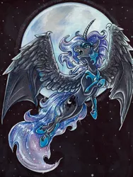 Size: 1127x1500 | Tagged: safe, artist:ocelotfire-art, derpibooru import, nightmare moon, alicorn, pony, bat wings, blue eyes, blue mane, curved horn, ethereal mane, fangs, feather, female, flowing mane, flowing tail, flying, helmet, hoof shoes, horn, hybrid wings, image, looking up, moon, night, open mouth, png, solo, spread wings, starry mane, starry tail, stars, tail, teeth, traditional art, wings