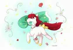 Size: 3016x2056 | Tagged: safe, artist:foxhatart, derpibooru import, oc, oc:ruby, unofficial characters only, pony, unicorn, eyes closed, female, flower, image, jewelry, jpeg, mouth hold, necklace, solo