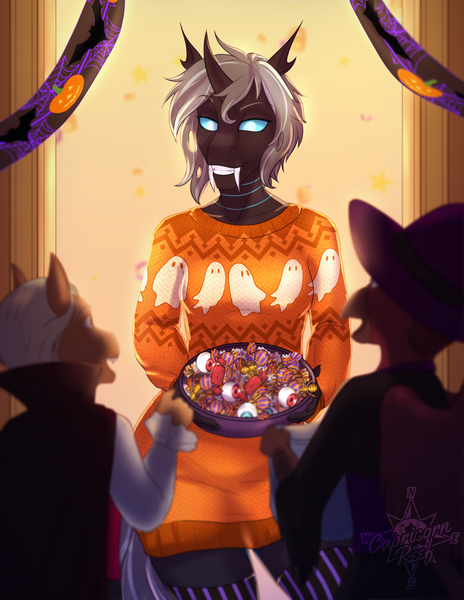 Size: 2550x3300 | Tagged: safe, artist:askbubblelee, derpibooru import, oc, oc:imago, anthro, changeling, unguligrade anthro, anthro oc, changeling oc, clothes, digital art, female, halloween, holiday, image, nightmare night, png, smiling, sweater, trick or treat