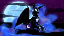 Size: 3309x1861 | Tagged: safe, artist:lixthefork, derpibooru import, nightmare moon, alicorn, pony, female, glow, glowing eyes, image, moon, night, png, solo