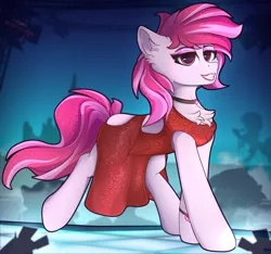 Size: 3200x3000 | Tagged: safe, artist:lakunae, derpibooru import, sugar moonlight, earth pony, pony, my little pony: a new generation, choker, clothes, dress, female, g5, image, lipstick, looking at you, makeup, mare, png, red dress, smiling