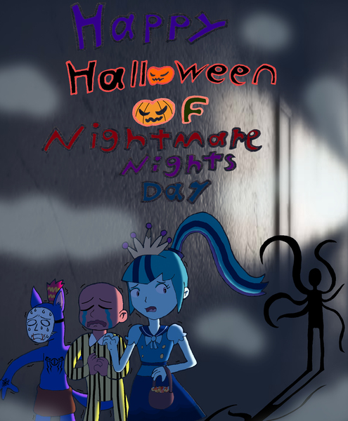 Size: 2540x3076 | Tagged: safe, artist:pokeneo1234, derpibooru import, sonata dusk, equestria girls, crossover, crying, halloween, holiday, image, jpeg, kedamono, nightmare night, philip (space funeral), popee the performer, slenderman, space funeral