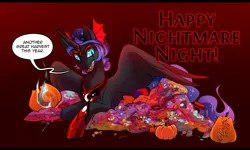 Size: 1750x1050 | Tagged: safe, artist:its-gloomy, derpibooru import, nightmare moon, princess luna, pony, candy, evil luna, food, halloween, holiday, image, jack-o-lantern, jpeg, nightmare night, pumpkin, solo