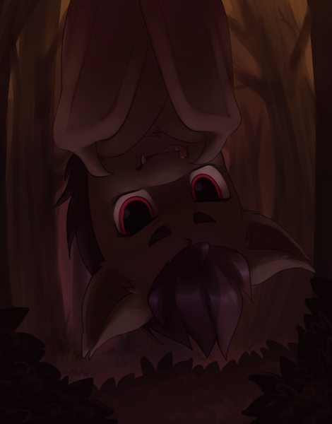 Size: 3732x4764 | Tagged: safe, artist:aquoquoo, derpibooru import, rumble, bat pony, pony, absurd resolution, colt, forest, hanging, hanging upside down, image, licking, licking lips, male, png, race swap, solo, tongue out, tree, upside down