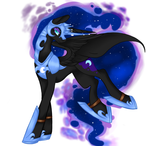 Size: 2449x2449 | Tagged: safe, artist:nightingalewolfie, derpibooru import, nightmare moon, alicorn, pony, blue eyes, blue mane, blue tail, colored pupils, ethereal mane, female, flowing mane, flowing tail, helmet, hoof shoes, horn, image, png, simple background, solo, spread wings, starry mane, starry tail, stars, tail, transparent background, wings