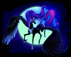 Size: 1280x1033 | Tagged: safe, artist:scyrel, derpibooru import, nightmare moon, alicorn, pony, black background, blue eyes, blue mane, blue tail, ethereal mane, feather, female, flowing mane, flowing tail, flying, grin, helmet, hoof shoes, horn, image, jpeg, moon, night, open mouth, signature, simple background, smiling, solo, spread wings, starry mane, tail, teeth, wings