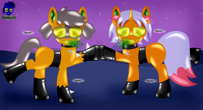 Size: 7680x4154 | Tagged: safe, artist:damlanil, derpibooru import, oc, oc:aria, oc:eri, ponified, earth pony, lucario, pony, unicorn, boots, clothes, collar, commission, duo, female, gas mask, halloween, holiday, hoofbump, horn, image, latex, mare, mask, night, night sky, nightmare night, onomatopoeia, png, pokémon, pumpkin, raised hoof, raised leg, rubber, rubber drone, shiny, shiny mane, shoes, show accurate, sky, vector