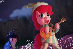 Size: 3240x2160 | Tagged: safe, artist:dashyoshi, derpibooru import, pinkie pie, twilight sparkle, earth pony, pony, 3d, bard, bard pie, blender, blender cycles, clothes, costume, fantasy class, forest, halloween, halloween costume, holiday, image, jpeg, lute, solo, tree