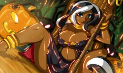 Size: 1480x885 | Tagged: suggestive, artist:shonuff44, derpibooru import, zecora, human, spider, armpits, bedroom eyes, breasts, busty zecora, cleavage, clothes, costume, dark skin, erect nipples, eyeshadow, female, glow, halloween, holiday, humanized, image, jack-o-lantern, jpeg, looking at you, makeup, nightmare night costume, nipple outline, perspective, pumpkin, sitting, solo, solo female, staff, tail, tailed humanization