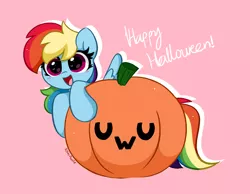 Size: 4530x3507 | Tagged: safe, artist:kittyrosie, derpibooru import, rainbow dash, pegasus, pony, blushing, cute, dashabetes, halloween, happy halloween, holiday, image, open mouth, pink background, png, pumpkin, simple background, uwu