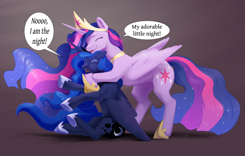 Size: 5097x3240 | Tagged: safe, artist:silfoe, derpibooru import, princess luna, princess twilight 2.0, twilight sparkle, twilight sparkle (alicorn), alicorn, pony, the last problem, commission, commissioner:reversalmushroom, crown, cutie mark, ethereal mane, eyes closed, female, females only, funny, hoof shoes, hug, i am the night, image, jewelry, lesbian, mare, older, older twilight, peytral, png, regalia, shipping, simple background, sitting, size difference, standing, starry mane, twiluna