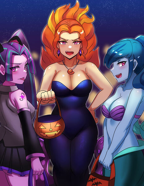 Size: 800x1029 | Tagged: safe, artist:tzc, derpibooru import, adagio dazzle, aria blaze, sonata dusk, equestria girls, bra, butt, clothes, cosplay, costume, ear piercing, earring, halloween, halloween 2021, halloween costume, hatsune miku, holiday, image, jewelry, jpeg, open mouth, piercing, scylla, seashell bra, the dazzlings, the little mermaid, tongue out, underwear, vocaloid