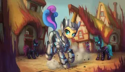 Size: 1200x686 | Tagged: safe, artist:asimos, derpibooru import, bon bon, sweetie drops, pony, ark survival evolved, battle suit, building, commission, crossover, house, image, jpeg, video game crossover, village