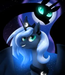 Size: 865x1000 | Tagged: safe, artist:themiles, derpibooru import, nightmare moon, princess luna, alicorn, pony, female, glow, glowing eyes, image, moon, night, png, silhouette, smiling