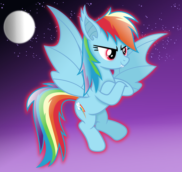 Size: 4993x4705 | Tagged: safe, artist:anime-equestria, derpibooru import, rainbow dash, bat, bat pony, fruit bat, vampire fruit bat, bat ears, bat wings, crossed arms, fangs, female, flying, glow, glowing eyes, image, moon, night, png, smiling, solo, stars, wings