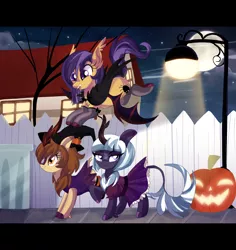 Size: 3302x3500 | Tagged: safe, artist:spookyle, derpibooru import, oc, oc:moonlit breeze, oc:pumpkin spell, oc:spookie, bat pony, kirin, pony, bat pony oc, bat wings, clothes, costume, female, halloween, halloween costume, holiday, image, kirin oc, mare, nightmare night, png, street, streetlight, wings