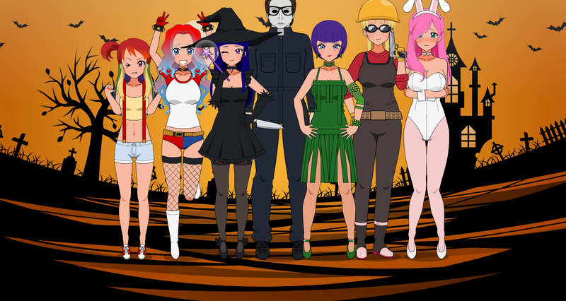 Size: 1920x1022 | Tagged: suggestive, derpibooru import, applejack, fluttershy, pinkie pie, rainbow dash, rarity, twilight sparkle, human, bunny suit, clothes, coveralls, daisy dukes, engineer, flapper, gun, halloween, harley quinn, hat, high heels, holiday, horror, humanized, image, kisekae, knife, legs, magic wand, michael myers, misty brightdawn, nightmare night, playboy, playpony, png, pokémon, shoes, shorts, sports bra, stupid sexy fluttershy, stupid sexy rarity, stupid sexy twilight, team fortress 2, weapon, witch, witch costume, witch hat