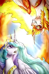 Size: 2000x3000 | Tagged: safe, artist:not-ordinary-pony, derpibooru import, daybreaker, princess celestia, alicorn, pony, crepuscular rays, derpibooru exclusive, duality, duo, image, mane of fire, png, sad, smiling