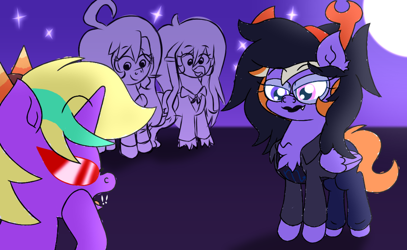 Size: 3300x2025 | Tagged: safe, artist:iceflower99, derpibooru import, oc, oc:buggy brush, oc:june griffon, oc:sunrise goldhearts, oc:zweet beatz, unofficial characters only, fanfic, clothes, costume, halloween, holiday, homestuck, image, nightmare night, png, terezi pyrope, vriska serket