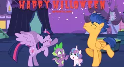 Size: 2064x1125 | Tagged: safe, artist:not-yet-a-brony, derpibooru import, flash sentry, princess flurry heart, spike, twilight sparkle, alicorn, dragon, pegasus, 2021, aunt and niece, auntie twilight, dancing, do the sparkle, eyes closed, friendship, halloween, holiday, image, lyrics in the description, michael jackson, night, nightmare night, png, smiling, song reference, thriller, uncle flash, uncle spike, youtube link in the description