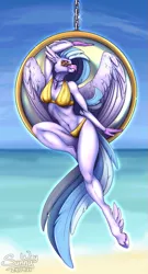 Size: 649x1200 | Tagged: safe, artist:sunny way, derpibooru import, silverstream, anthro, hippogriff, unguligrade anthro, art, artwork, beach, cool, digital art, exclusive, feather, female, grin, image, mlp fim, my little pony, ocean, patreon, patreon exclusive, pinup, png, smiling, solo, wings