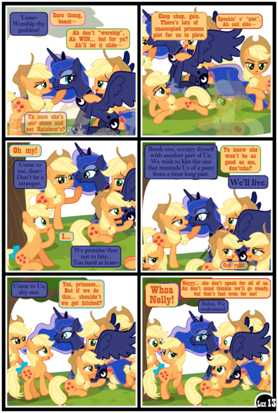 Size: 3255x4838 | Tagged: suggestive, artist:gutovi, derpibooru import, applejack, applejack (g1), princess luna, alicorn, earth pony, pony, comic:why me!?, alternate ending, applejack is not amused, bedroom eyes, clone, comic, covering mouth, denied, dream, dream realm, embarrassed, female, g1 reference, generation leap, generational ponidox, get rekt, grin, hat, horn, image, jackletree, kiss denied, lesbian, lewd, licking, lunajack, lying down, magic, multeity, on floor, png, pony pile, pouting, pouty lips, prone, self ponidox, shipping, show accurate, silly, silly pony, smiling, smug, smugjack, spread wings, tongue out, tree, unamused, who's a silly pony, wingboner, wings