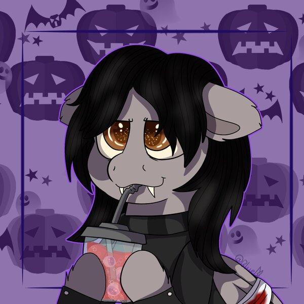 Size: 1439x1439 | Tagged: safe, artist:bluemoon, derpibooru import, oc, ponified, pegasus, pony, undead, vampire, bandage, broken wing, clothes, commission, cute, drink, drinking, drinking straw, fangs, floppy ears, gerard way, hoof hold, image, jacket, jpeg, male, my chemical romance, ocbetes, scarf, solo, wings, ych result