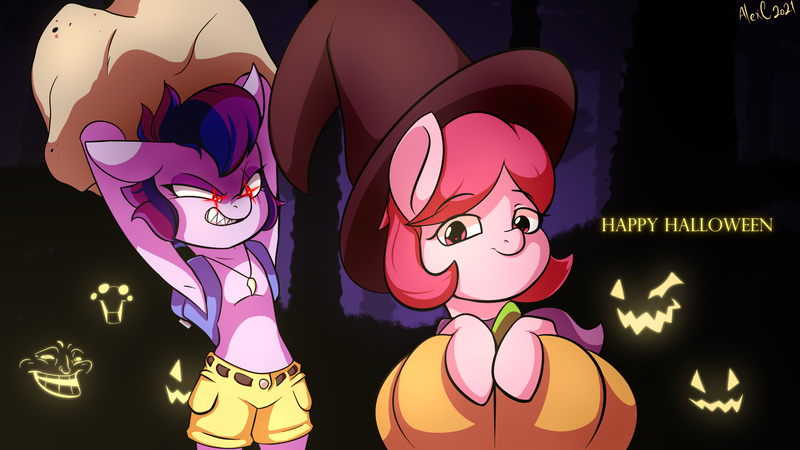 Size: 2880x1620 | Tagged: safe, artist:alexsc112, derpibooru import, oc, oc:magenstar, oc:purplehex, bat pony, pony, halloween, holiday, image, meme, png, spamton, this will end in death, this will end in tears, this will end in tears and/or death, trollface