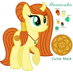 Size: 1239x1237 | Tagged: safe, artist:madlilon2051, derpibooru import, oc, oc:moon cake, unofficial characters only, pony, unicorn, curved horn, eyelashes, green eyes, horn, image, jewelry, necklace, orange mane, orange tail, png, raised hoof, reference sheet, simple background, smiling, solo, standing, tail, transparent background, unicorn oc