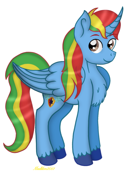 Size: 720x960 | Tagged: safe, artist:madlilon2051, derpibooru import, oc, oc:shield wing, unofficial characters only, alicorn, pony, alicorn oc, brown eyes, chest fluff, curved horn, eyebrows, eyebrows visible through hair, folded wings, horn, image, large wings, male, multicolored hair, multicolored mane, multicolored tail, png, rainbow hair, simple background, smiling, solo, stallion, standing, tail, transparent background, unshorn fetlocks, wings