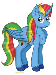 Size: 720x960 | Tagged: safe, artist:madlilon2051, derpibooru import, oc, oc:shield wing, unofficial characters only, alicorn, pony, alicorn oc, brown eyes, chest fluff, curved horn, eyebrows, eyebrows visible through hair, folded wings, horn, image, large wings, male, multicolored hair, multicolored mane, multicolored tail, png, rainbow hair, simple background, smiling, solo, stallion, standing, tail, transparent background, unshorn fetlocks, wings