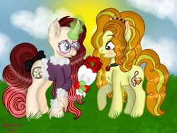 Size: 960x720 | Tagged: safe, artist:madlilon2051, derpibooru import, adagio dazzle, oc, ponified, pony, unicorn, bouquet, canon x oc, chest fluff, clothes, ear fluff, equestria girls ponified, female, flower, glasses, glow, glowing horn, horn, image, jewelry, magic, mare, necklace, outdoors, png, raised hoof, telekinesis, unicorn oc