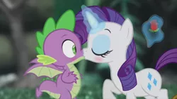 Size: 1472x828 | Tagged: safe, artist:georgegarza01, derpibooru import, rarity, spike, dragon, pony, unicorn, blushing, eyes closed, female, flower, image, jpeg, kissing, magic, male, rose, shipping, shocked, sparity, straight, telekinesis, voice acting, youtube link