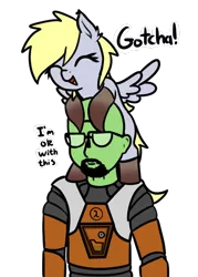 Size: 516x719 | Tagged: safe, artist:neuro, derpibooru import, derpy hooves, oc, oc:anon, pony, beard, clothes, costume, cute, derpabetes, duo, facial hair, female, glasses, gordon freeman, half-life, halloween, halloween costume, headcrab, holiday, image, male, mare, png, pony hat, simple background, transparent background