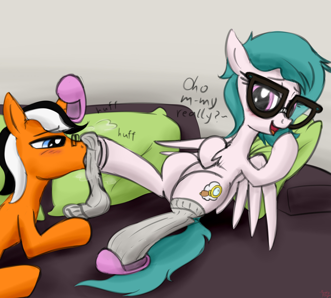 Size: 4000x3600 | Tagged: suggestive, artist:littlenaughtypony, derpibooru import, oc, oc:ever harmon, oc:hazy breeze, pegasus, pony, unicorn, blushing, clothes, fetish, glasses, hoof fetish, image, jpeg, slippers, sniffing, socks