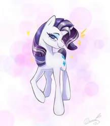 Size: 1399x1610 | Tagged: safe, artist:damayantiarts, derpibooru import, rarity, pony, unicorn, the last problem, abstract background, eye wrinkles, female, horn, image, jpeg, mare, older, older rarity, raised hoof, signature, smiling, solo