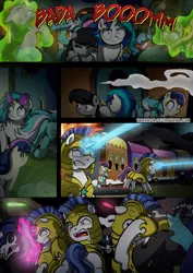 Size: 2408x3400 | Tagged: safe, artist:tarkron, author:bigonionbean, derpibooru import, bon bon, octavia melody, sweetie drops, vinyl scratch, oc, changeling, earth pony, hybrid, pegasus, pony, undead, unicorn, comic:fusing the fusions, comic:time of the fusions, background pony, blast, bone, bucking, clothes, combat, comic, commissioner:bigonionbean, cutie mark, dialogue, female, fight, friendship express, glasses, guard, horn, horrified, image, levitation, light, lights, magic, magic blast, male, noises, panel, panic, panicking, png, rain, random pony, royal guard, scared, shocked, skeleton, soldier, soldier pony, squint, stallion, storm, straight, telekinesis, terrified, terror, train, window, wings