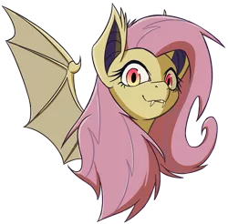 Size: 1145x1125 | Tagged: safe, artist:ikarooz, derpibooru import, fluttershy, bat pony, pony, bat ponified, bat wings, bust, fangs, female, flutterbat, image, looking at you, mare, png, portrait, race swap, red eyes, simple background, solo, spread wings, three quarter view, transparent background, wings