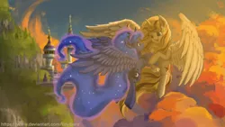 Size: 1280x720 | Tagged: safe, artist:tinybenz, derpibooru import, princess luna, oc, oc:night finch, alicorn, pony, alicorn oc, blue coat, canon x oc, canterlot castle, cloud, commission, crown, ethereal mane, ethereal tail, eye contact, female, flowing mane, flowing tail, flying, holding hooves, horn, image, in air, jewelry, jpeg, looking at each other, lunafinch, male, mare, not sunset shimmer, open mouth, open smile, peytral, regalia, scenery, shipping, sky, smiling, spread wings, stallion, starry mane, starry tail, straight, sunset, tail, two toned mane, two toned tail, wings, yellow coat