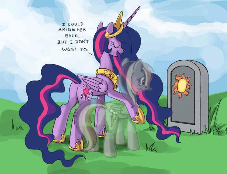 Size: 1182x909 | Tagged: safe, artist:ravetuba, derpibooru import, edit, edited edit, princess twilight 2.0, rainbow dash, twilight sparkle, twilight sparkle (alicorn), alicorn, ghost, ghost pony, pegasus, pony, undead, the last problem, celestia's grave meme, duo, exploitable meme, female, females only, gravestone, image, implied death, implied princess celestia, meme, older, older twilight, png